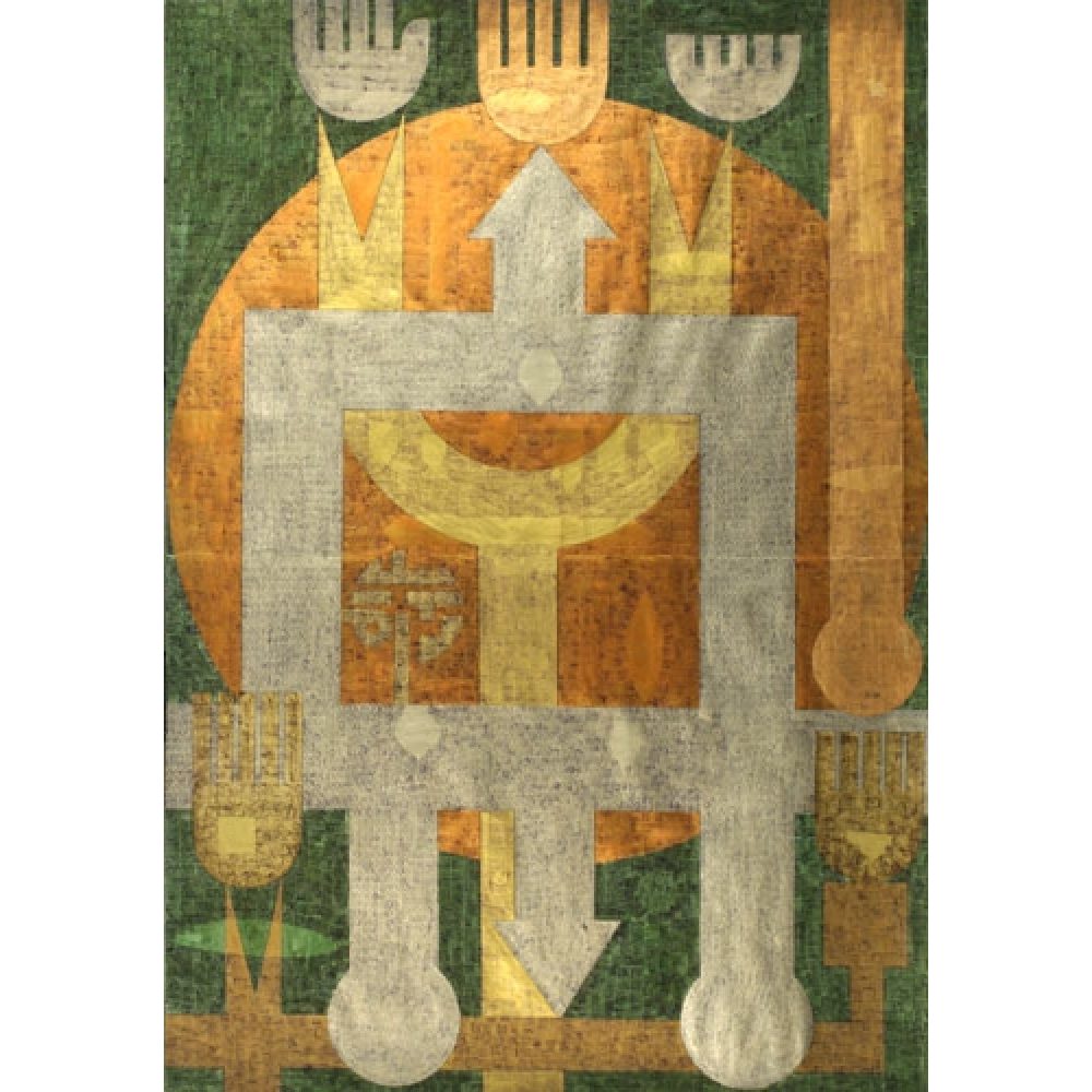 Mixed-media work depicting architectural fragments and body parts that merge, in shades of gold, silver, and emerald green. Domes and minarets appear as geometric forms alongside similarly abstracted representations of religious props, such as the hand of Hazrat Abbas.