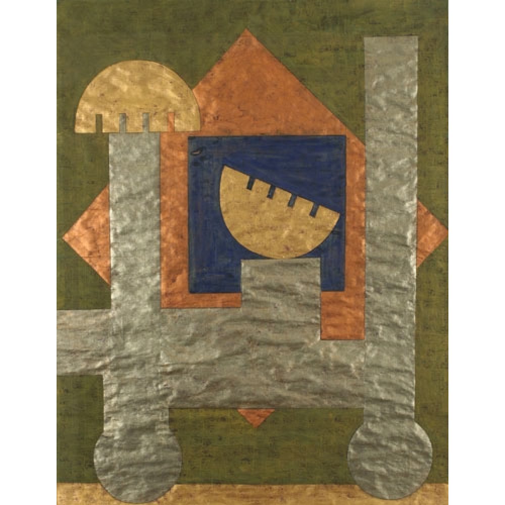 Mixed-media work depicting architectural fragments and body parts that merge, in shades of gold, silver, yellow-green, and dark blue. Domes and minarets appear as geometric forms alongside similarly abstracted representations of religious props, such as the hand of Hazrat Abbas.