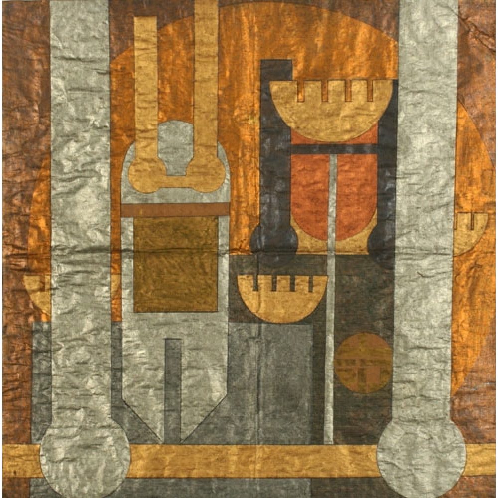 Mixed-media work depicting architectural fragments and organic shapes that merge, in shades of bronze, gold, and silver. Domes and minarets appear as geometric forms alongside similarly abstracted representations of religious props, such as the hand of Hazrat Abbas.