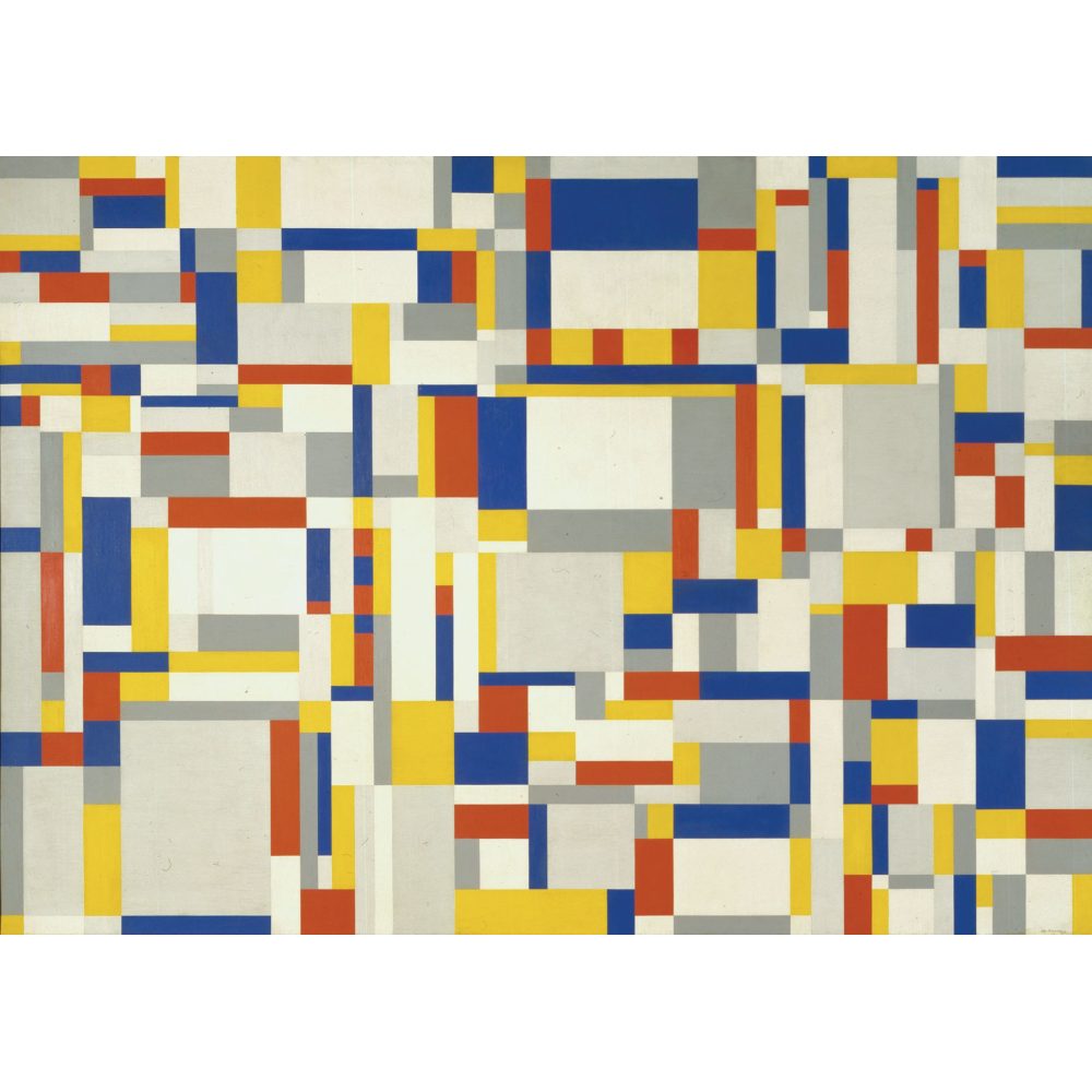 An abstract grid of colorful rectangles and squares in red, blue, yellow, gray, and white. Alt-text generated by AI.