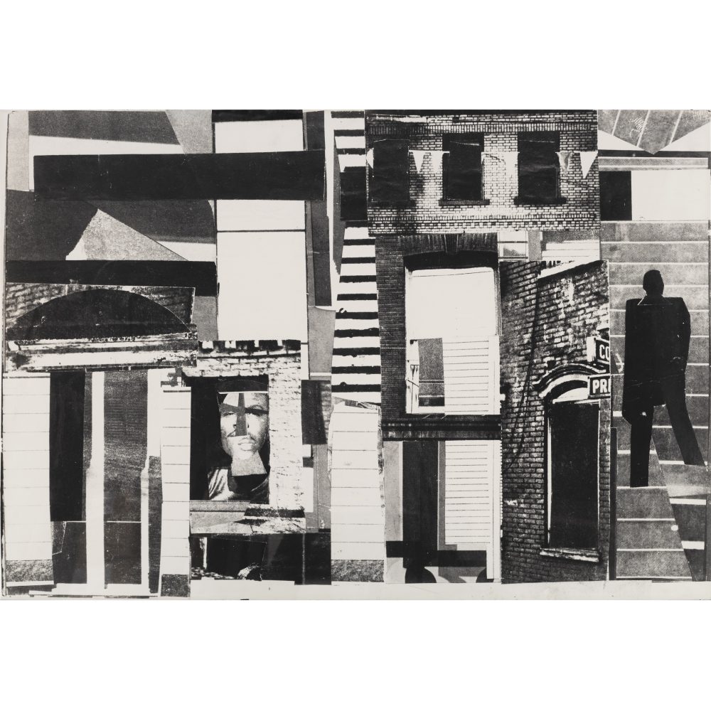 Black and white photo collage of building facades and abstract shapes with a silhouetted figure on stairs. Alt-text generated by AI.
