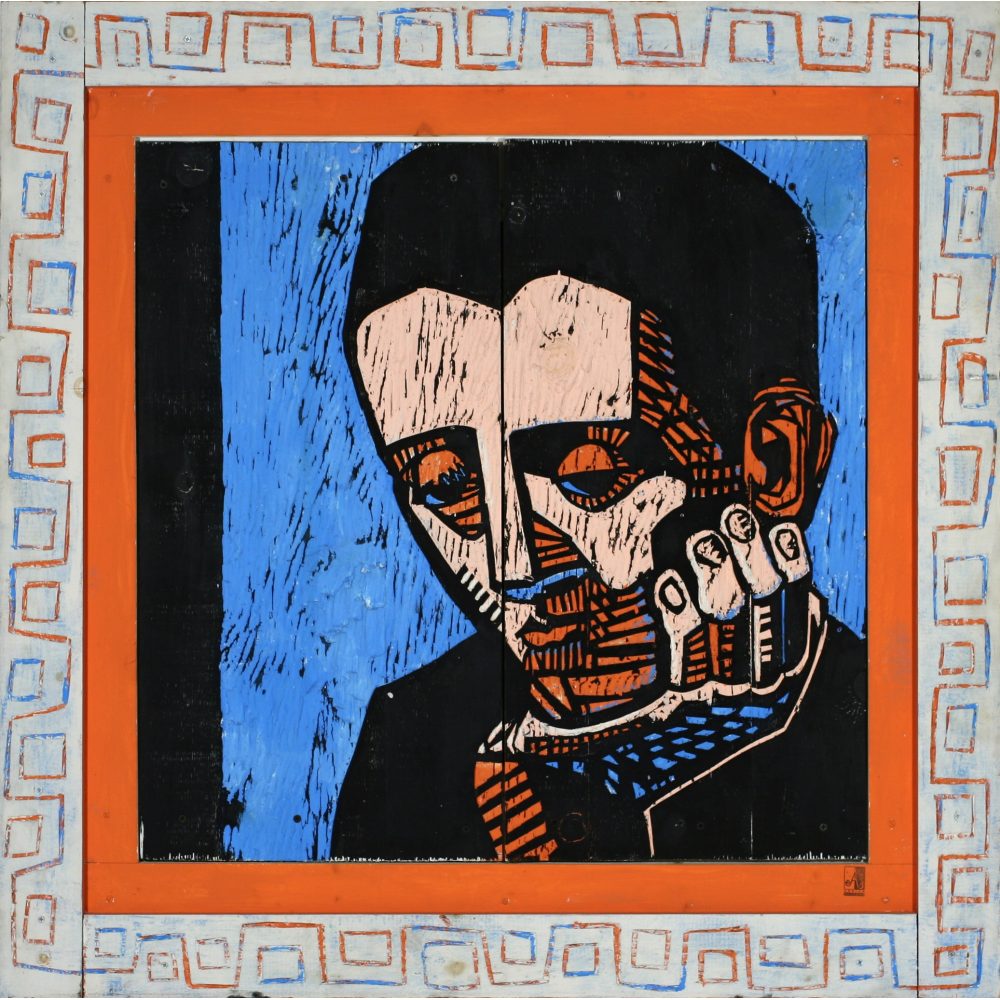 Stylized artwork of a person resting their face on their hand, set against a blue background, with an orange and patterned frame. Alt-text generated by AI.