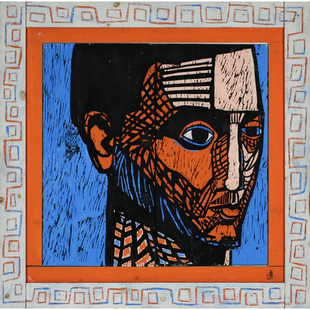 A stylized, abstract portrait of a face with geometric patterns in blue, orange, and black. Alt-text generated by AI.