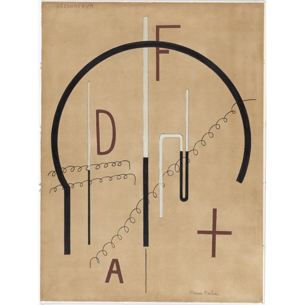 Abstract artwork with geometric shapes, lines, and letters (such as F, D, and A) on a beige background. Alt-text generated by AI.