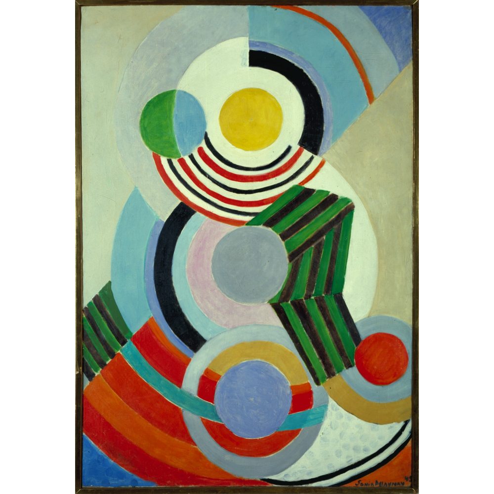 Abstract painting with colorful overlapping circles and arcs. Alt-text generated by AI.