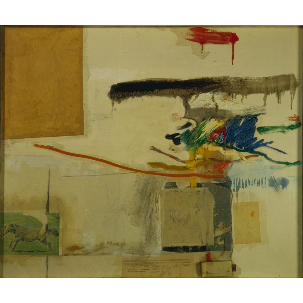 Abstract artwork with beige background, colorful paint streaks, paper clippings, and a large brownish-orange block in the upper right corner. Alt-text generated by AI.