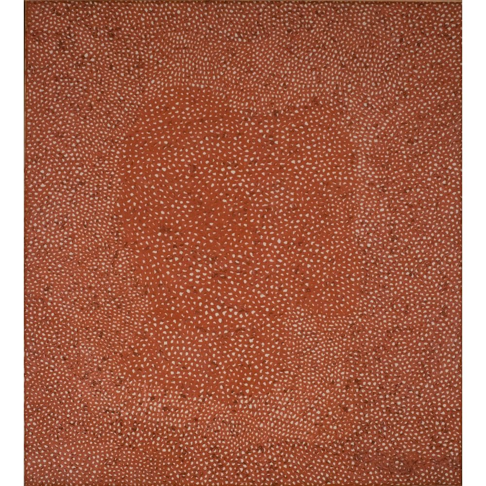Abstract artwork with white dots on a deep red-brown background, forming swirling patterns. Alt-text generated by AI.