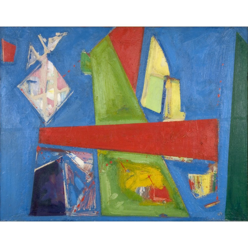 Abstract painting with geometric shapes; a red band, green triangle, and blue background. Alt-text generated by AI.