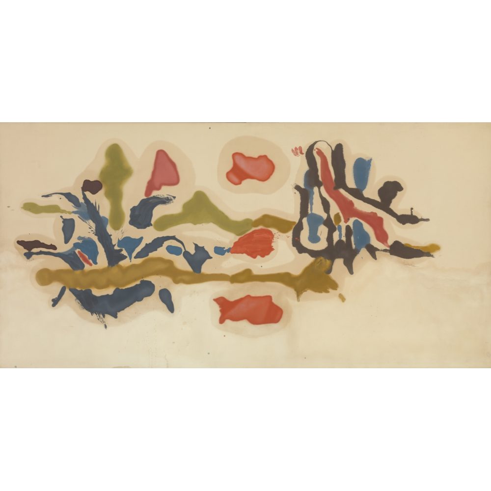 Abstract painting with flowing red, blue, green, and brown shapes on a beige background. Alt-text generated by AI.