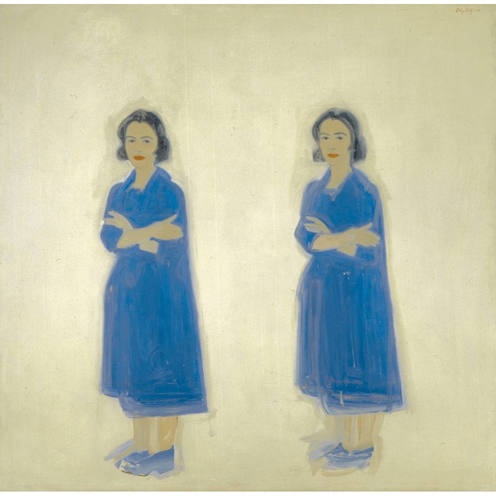 Painting of two identical women in blue coats and shoes standing side by side with arms crossed against a beige background. Alt-text generated by AI.