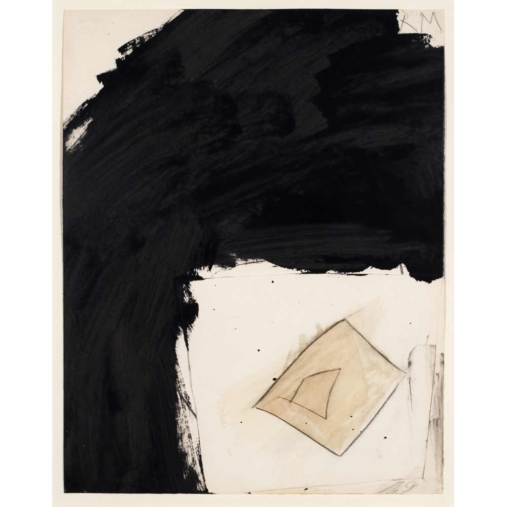 Abstract artwork featuring a large black brushstroke and beige geometric shapes on a white background. Alt-text generated by AI.