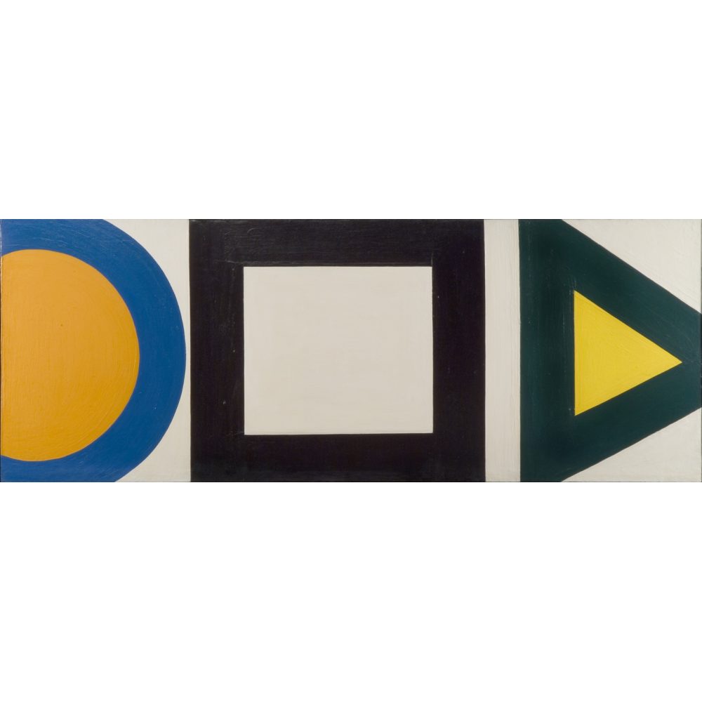 Artwork featuring a blue and orange circle, black and white squares, and green and yellow triangles. Alt-text generated by AI.
