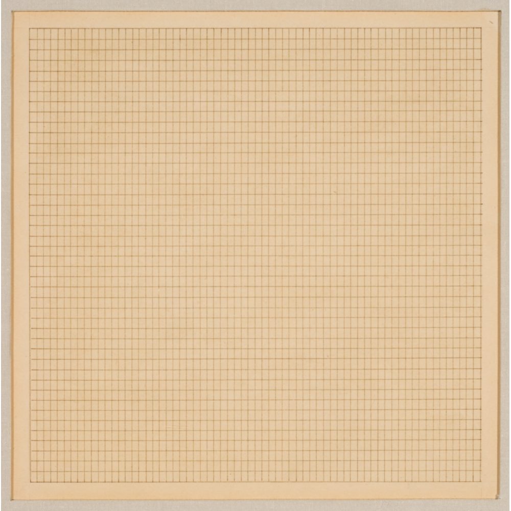 Square painting with the appearance of graph paper with a cream color and thin grid lines. Alt-text generated by AI.