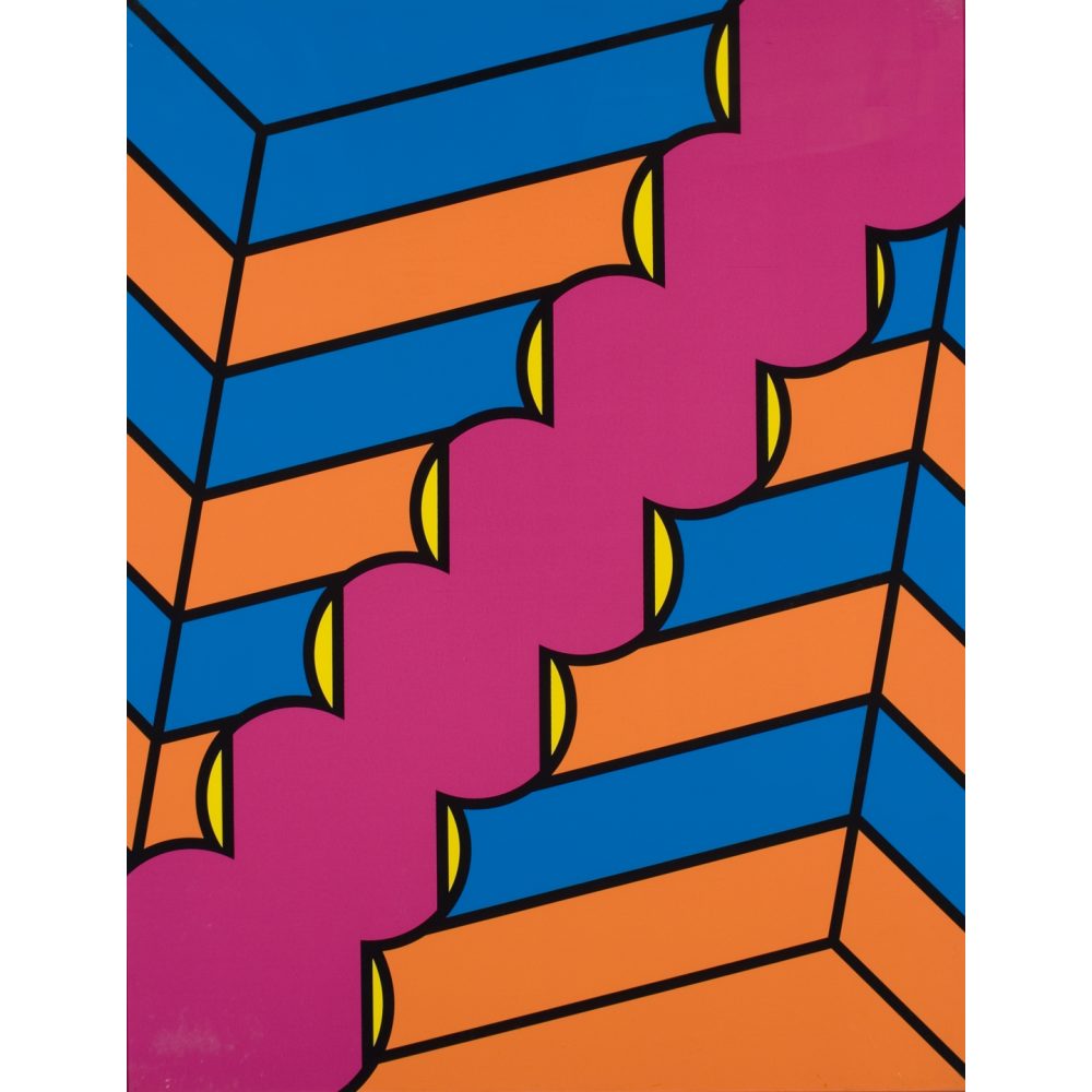 Abstract geometric design with pink zigzag stripes, yellow semi-circles, and blue and orange bands. Alt-text generated by AI.