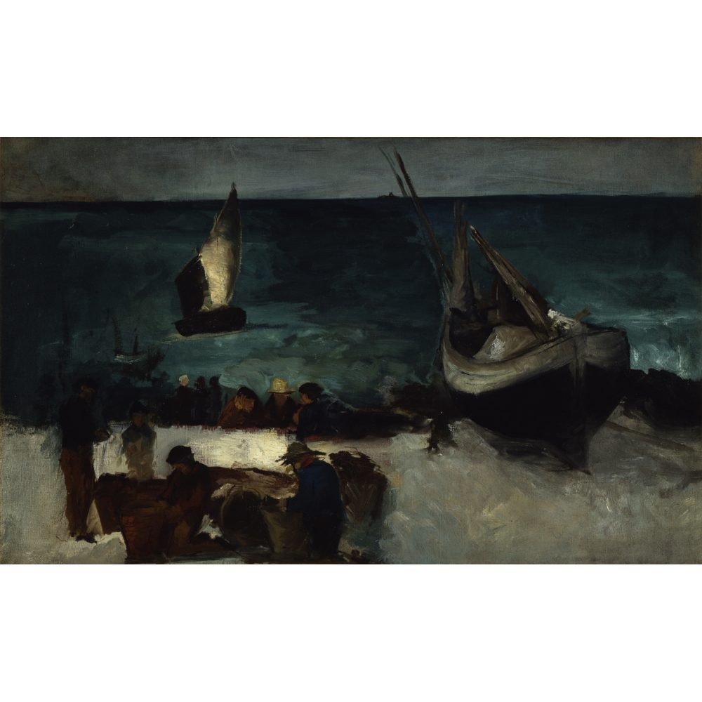 A dark coastal scene with people on a sandy shore, a large beached boat, and a sailboat at sea. Alt-text generated by AI.
