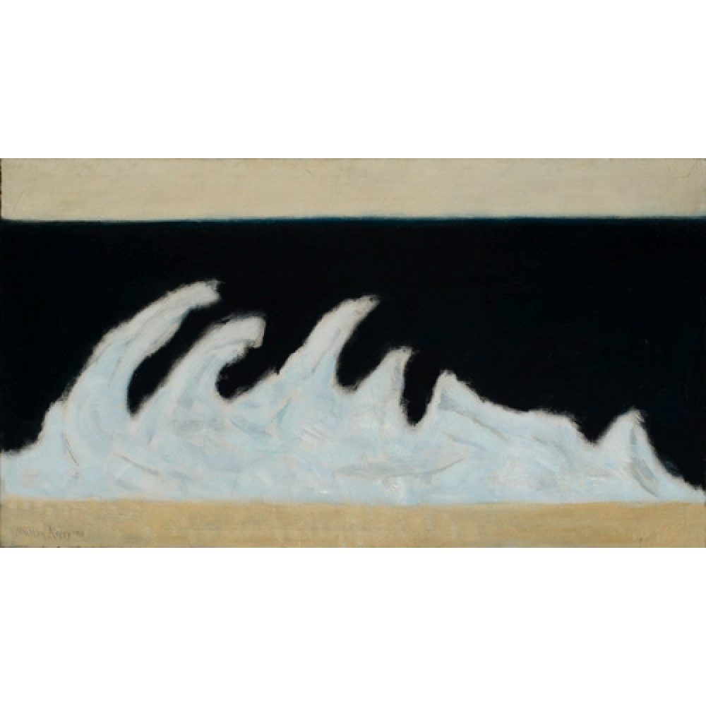 An abstract painting of what appears to be ocean waves with a dark upper background and a sandy beige base. Alt-text generated by AI.