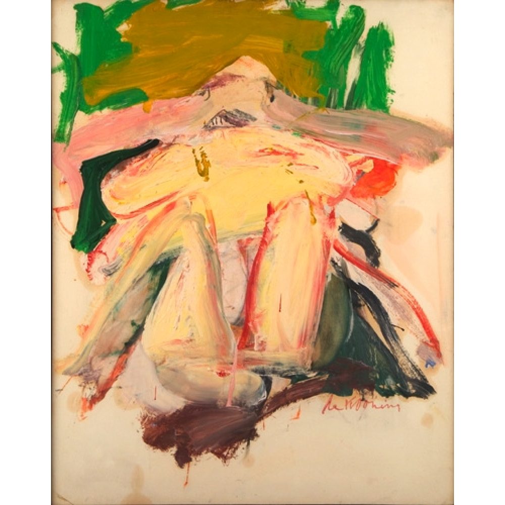 Abstract painting with dynamic brushstrokes depicting a reclining figure in vivid colors. Alt-text generated by AI.