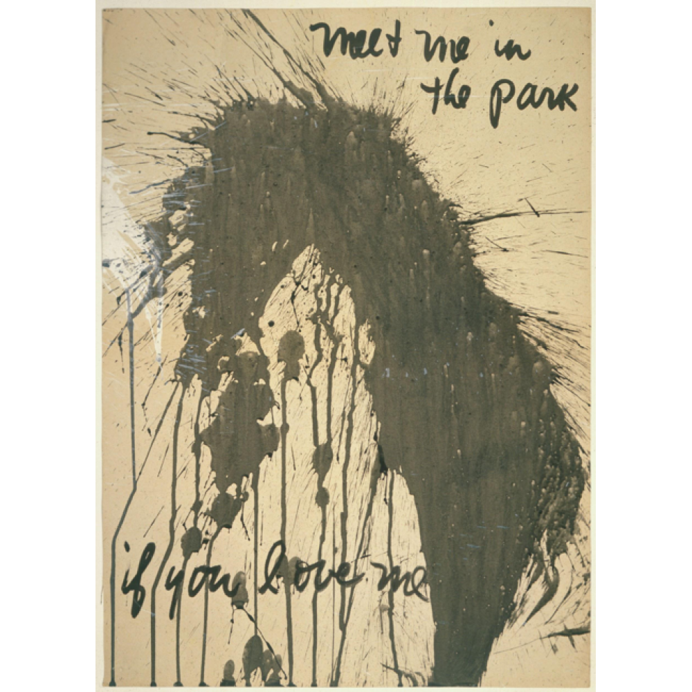 Abstract ink splatter artwork with handwritten text on a beige background.  Transcribed Text:  "meet me in the park if you love me." Alt-text generated by AI.