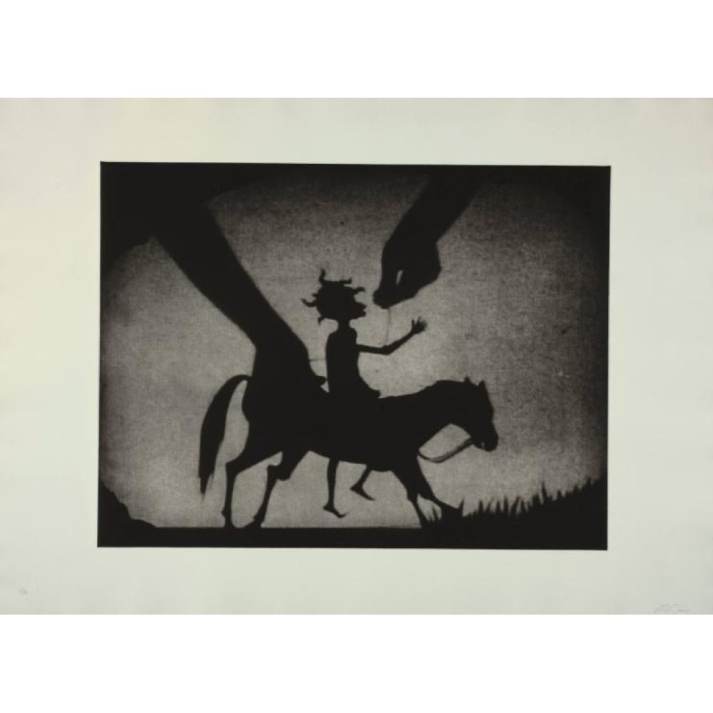 A silhouetted figure on horseback being controlled by large hands, set against a light background. Alt-text generated by AI.