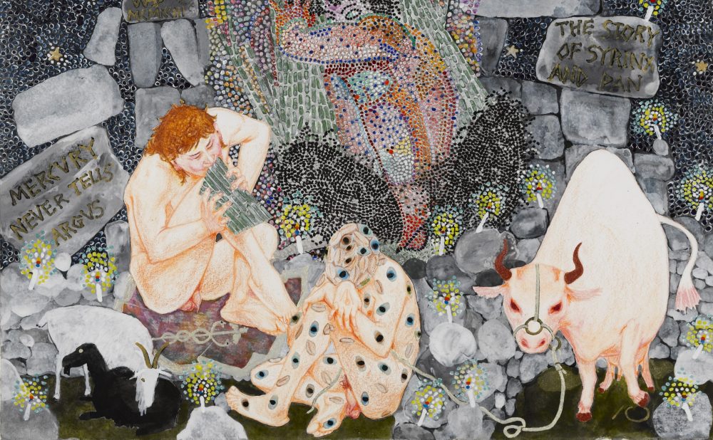 A colorful scene with a person playing a pan flute, a person in peacock-patterned cloth, a white bull, and a mosaic creature backdrop. Alt-text generated by AI.