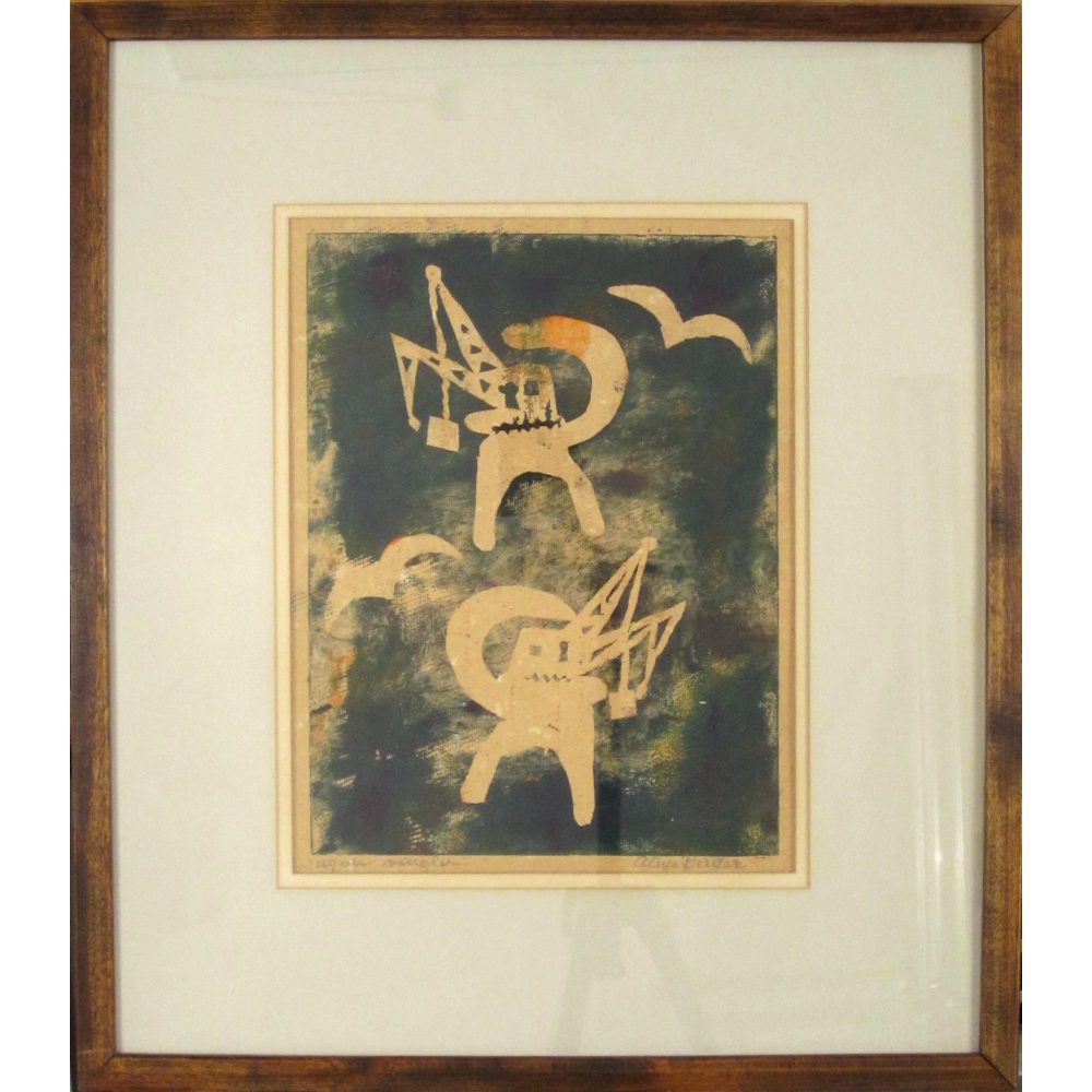Abstract artwork featuring bird-like figures on a textured green background. Framed in brown wood. Alt-text generated by AI.