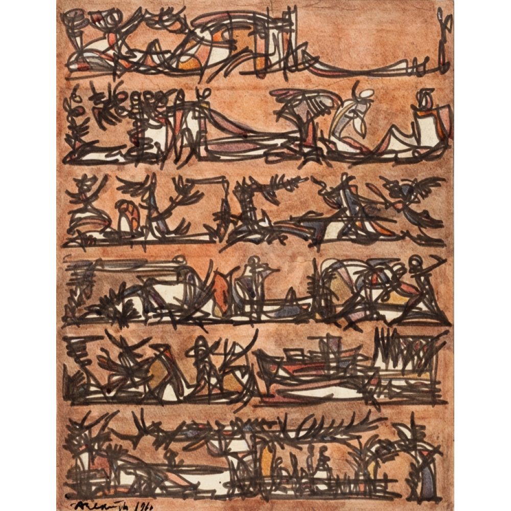 Abstract artwork with five densely patterned horizontal panels showing hieroglyphic-like shapes against a brown background. Alt-text generated by AI.
