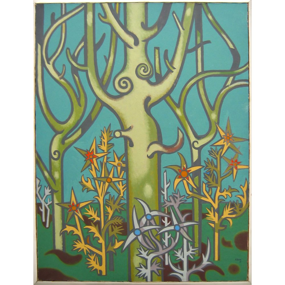Abstract artwork depicting a forest with swirled green trees and colorful geometric plants. Alt-text generated by AI.