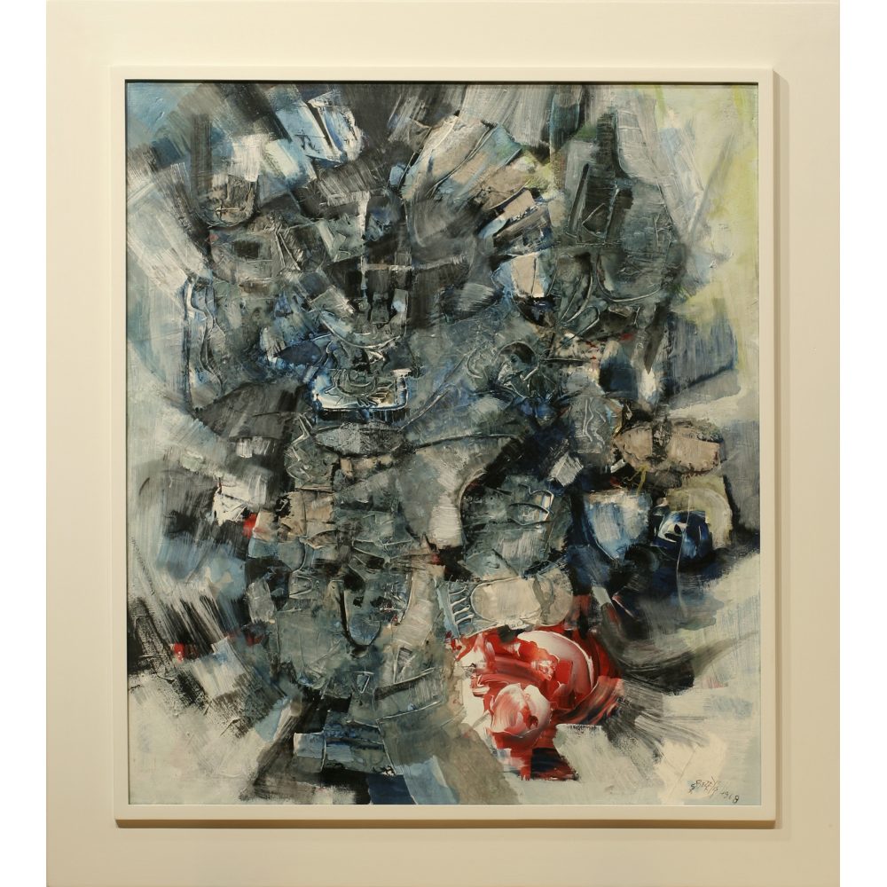 Abstract painting with swirling gray, blue, and black brushstrokes and a red splash in the lower right. Alt-text generated by AI.
