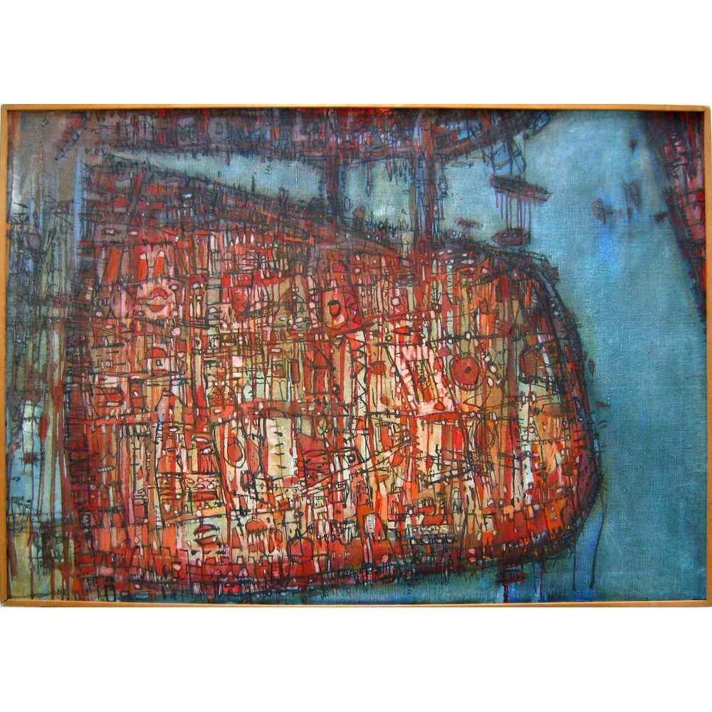 Abstract painting with a large, intricate red-orange form against a blue background. Alt-text generated by AI.