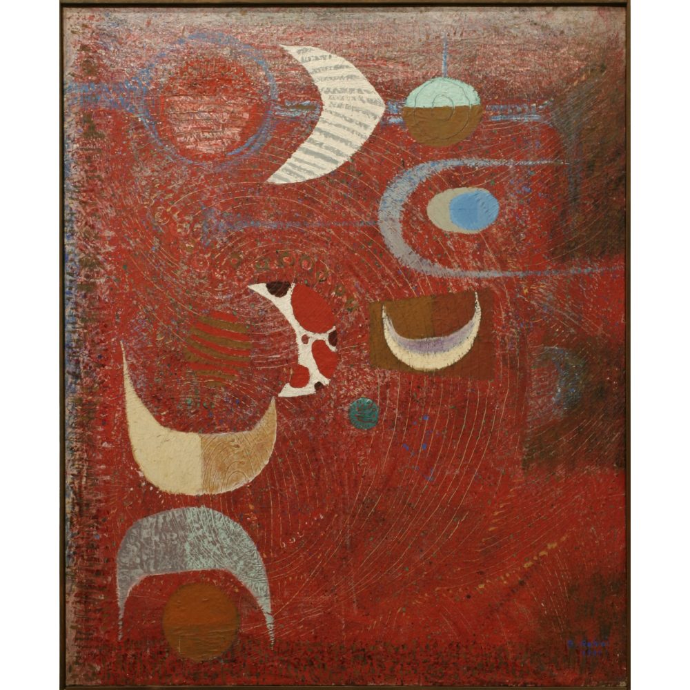 Abstract painting with red background and various geometric shapes including crescents and circles. Alt-text generated by AI.