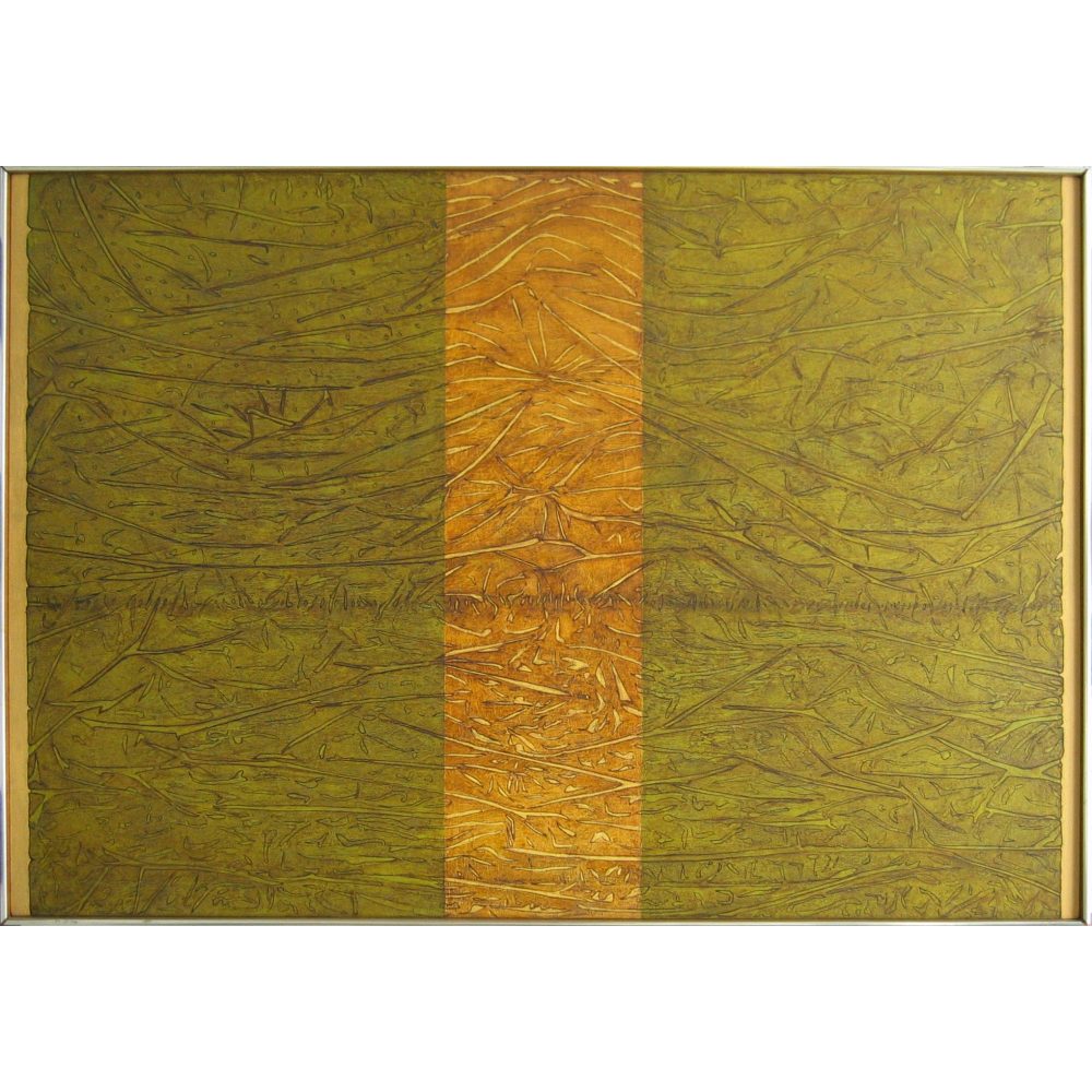 Abstract painting with a central orange vertical band surrounded by olive green sections and intricate textured patterns. Alt-text generated by AI.