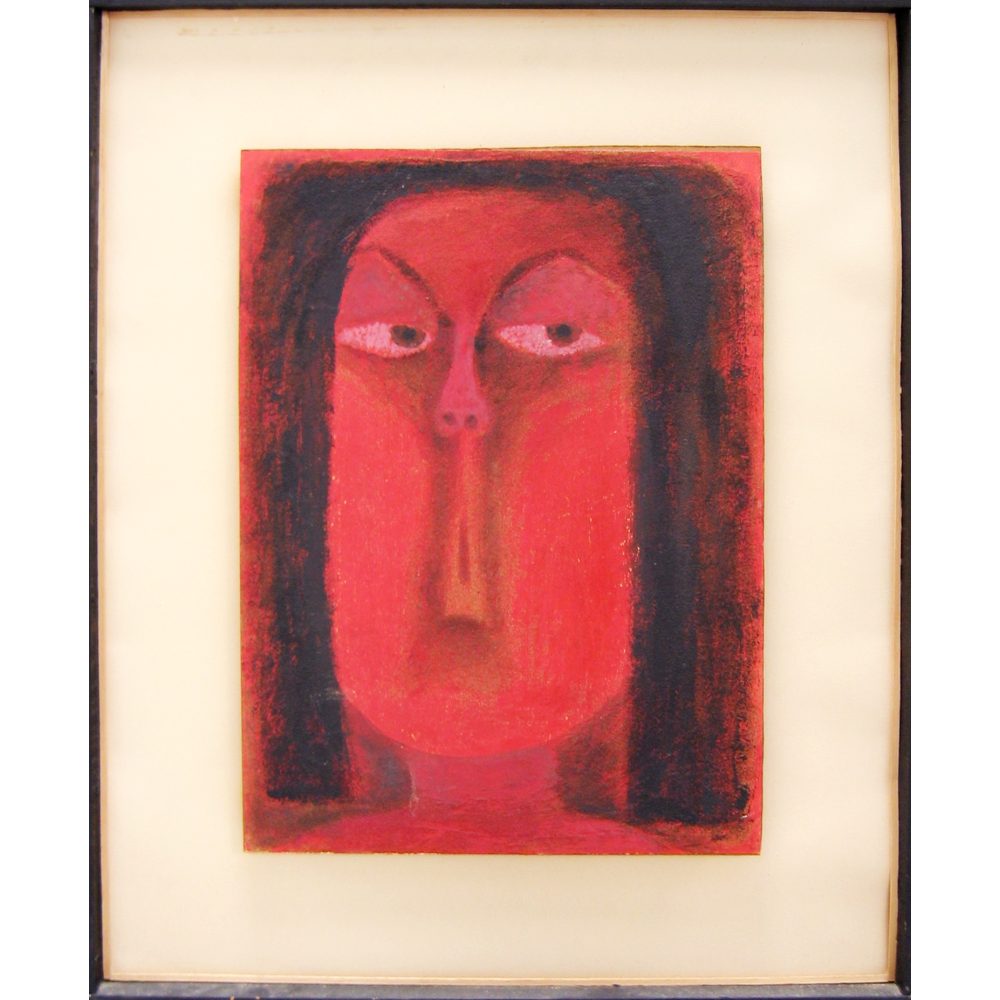 Abstract artwork of an elongated, stylized face in red tones, set against a cream background. Alt-text generated by AI.