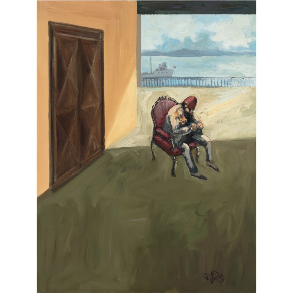 Painting of a person sitting in a red chair in a sparse room with a large window showing a ship on the sea. Alt-text generated by AI.