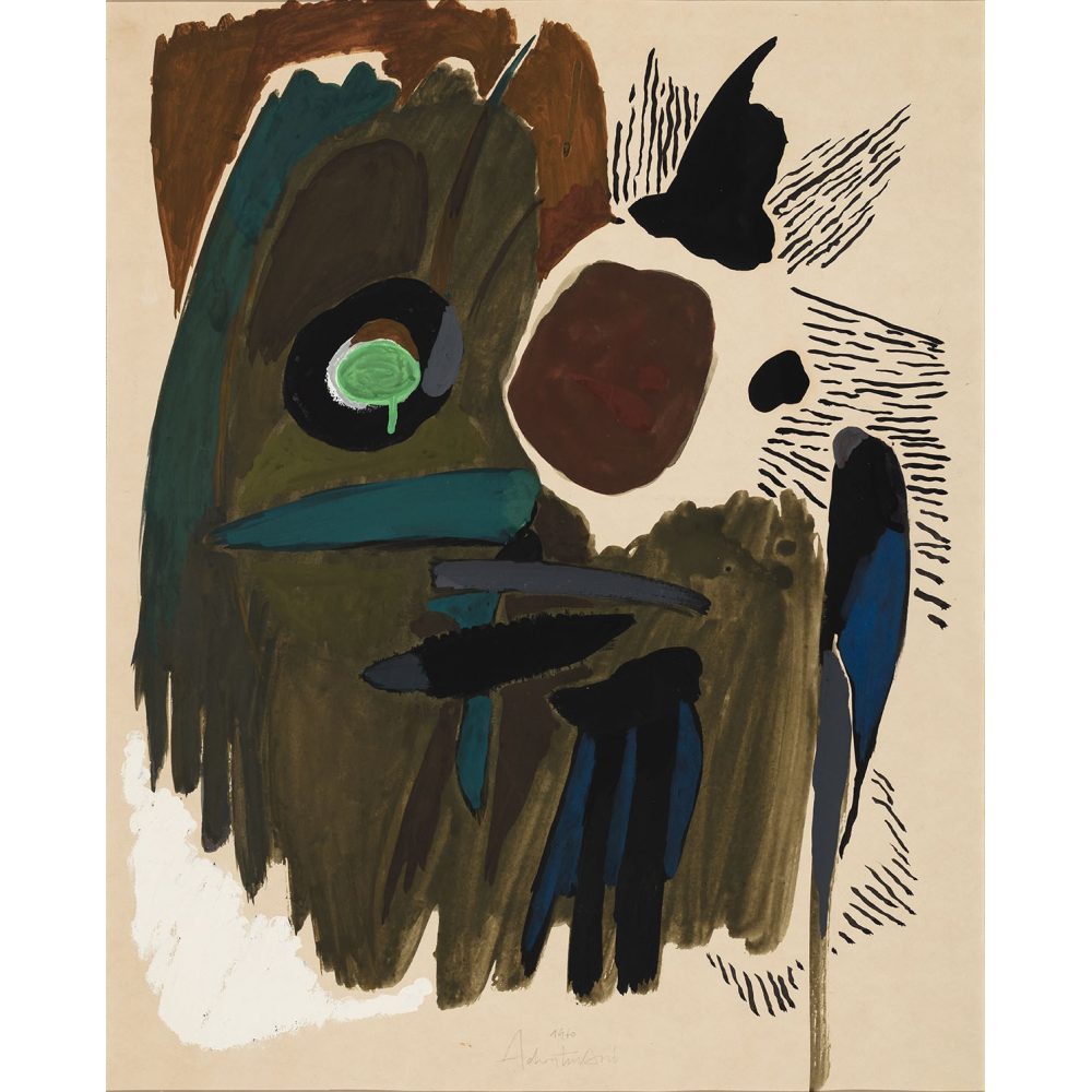 Abstract painting with earthy colors, black strokes, and dynamic shapes. Alt-text generated by AI.