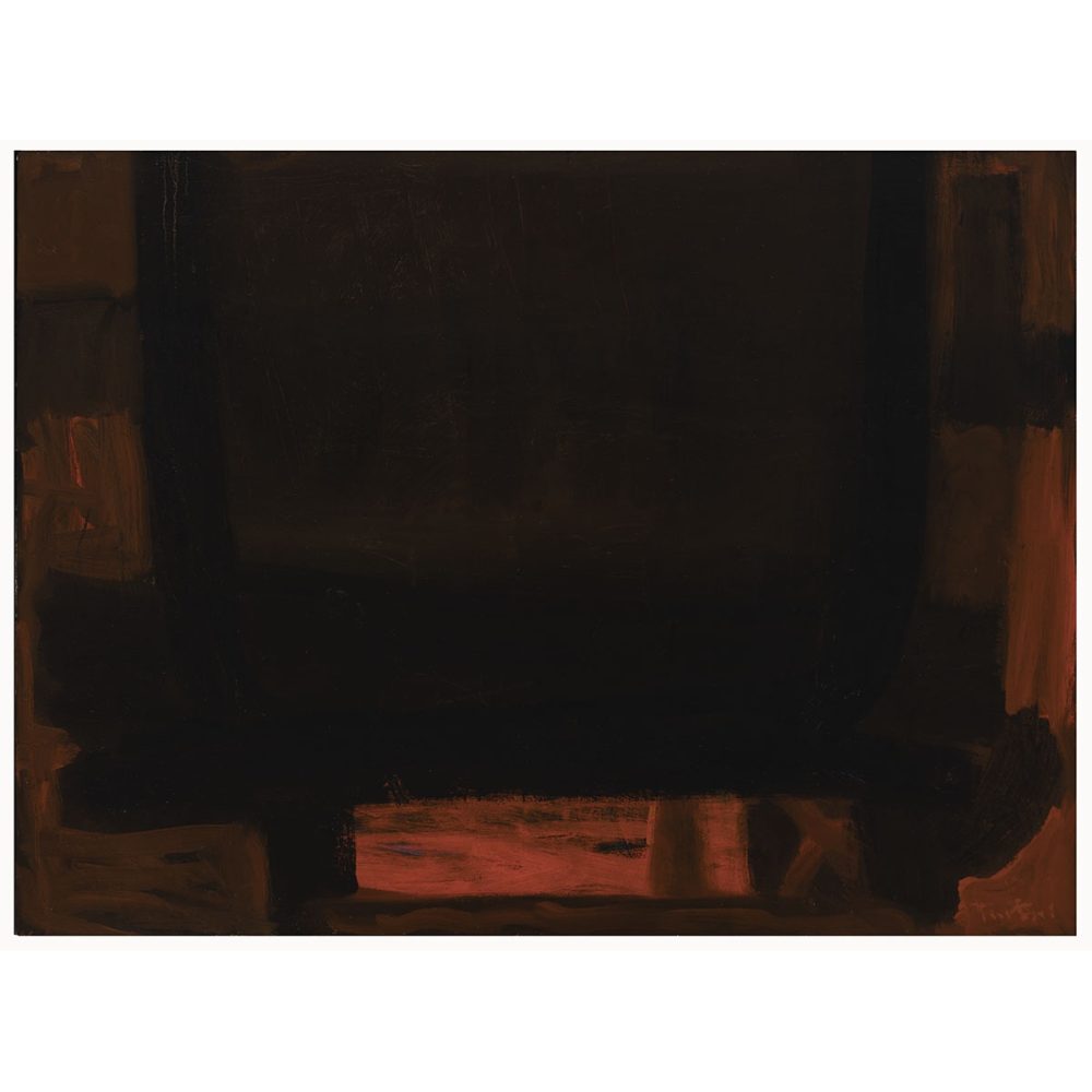 An abstract painting with dark brown and black tones and subtle reddish accents. Alt-text generated by AI.