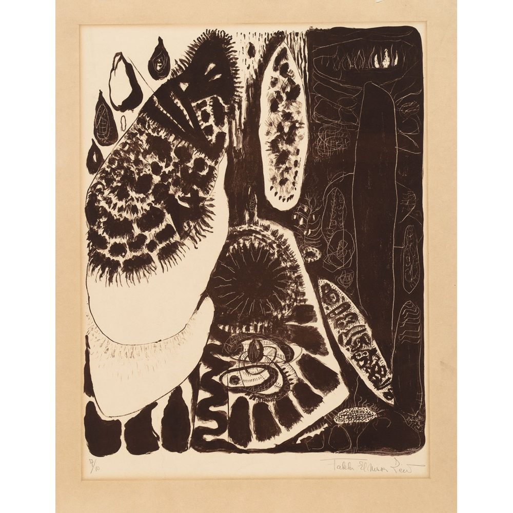 An abstract dark brown and cream artwork with intricate organic shapes and detailed textures. Alt-text generated by AI.