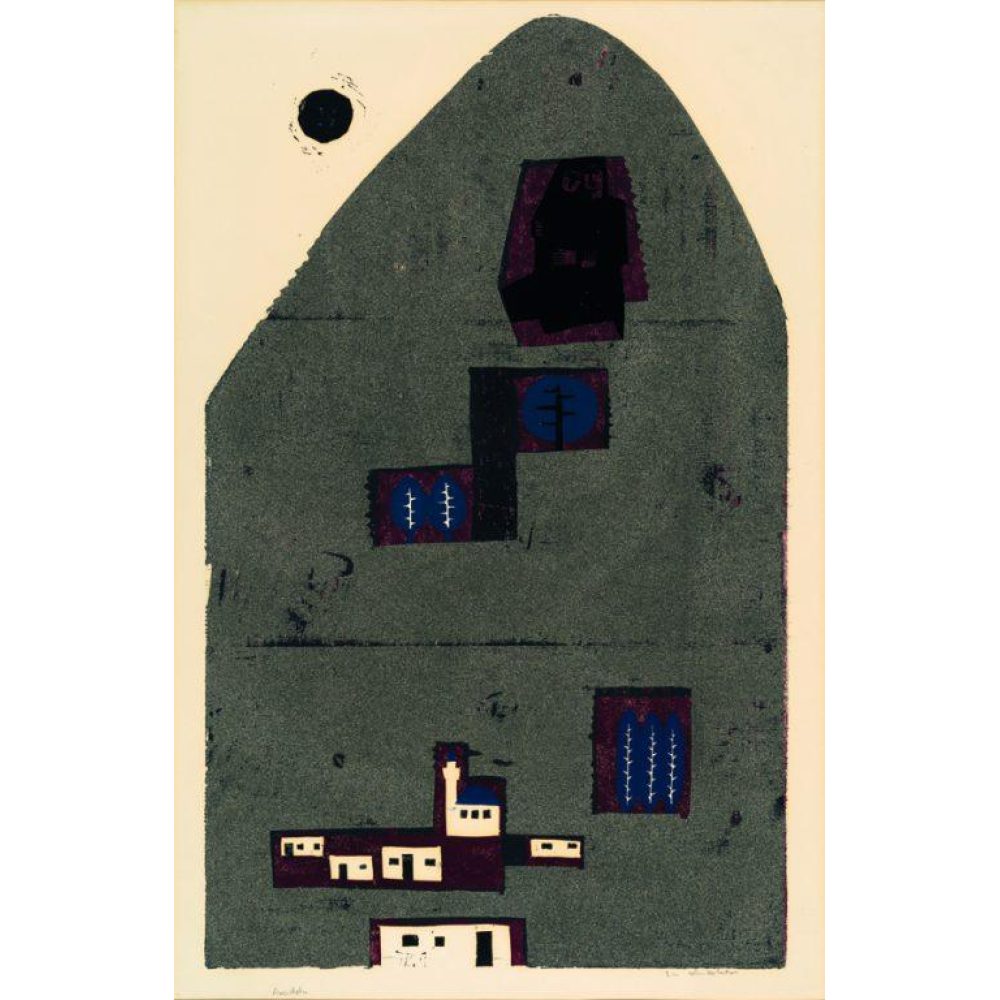 Abstract artwork of a mountain shape with geometric building-like forms on a pale background. Alt-text generated by AI.