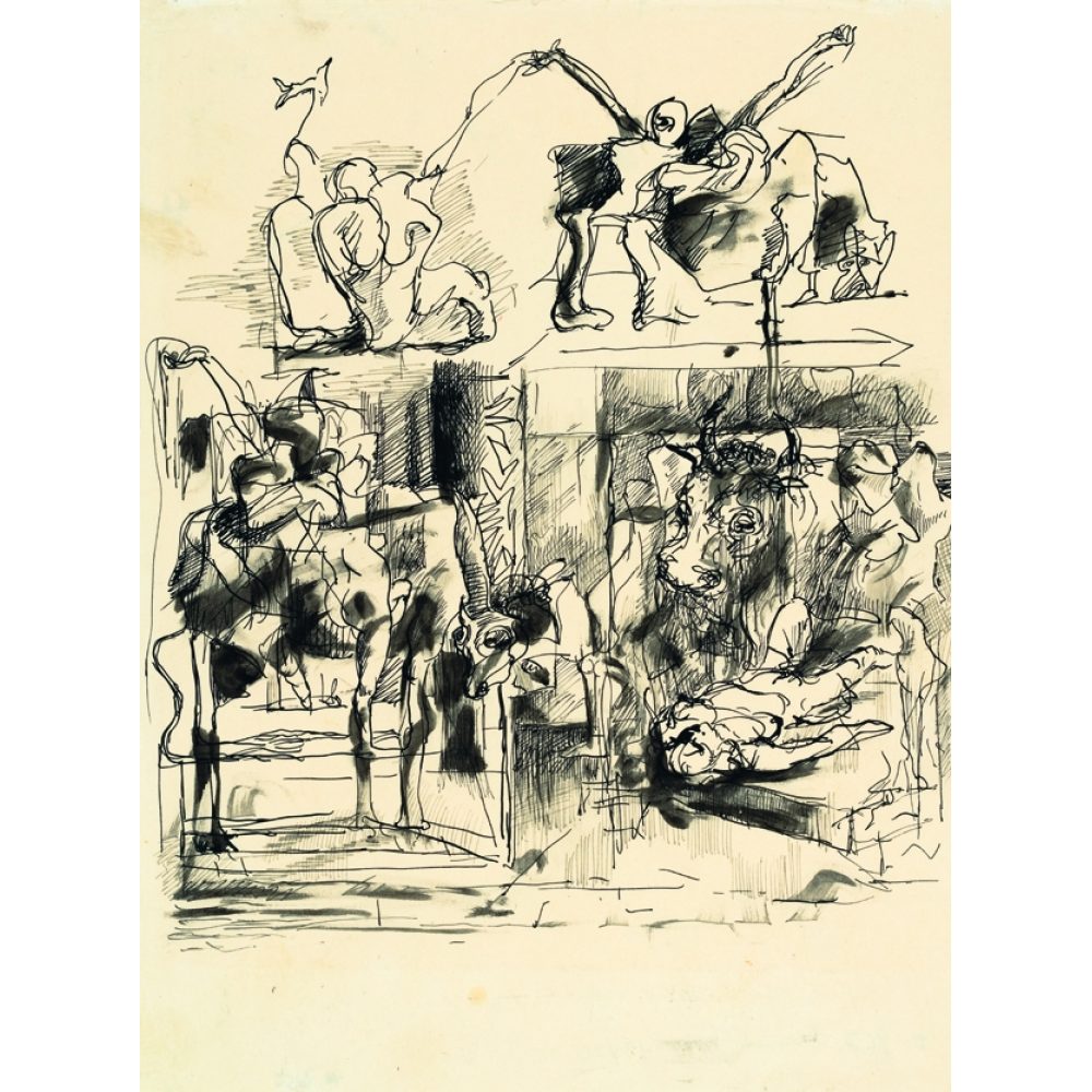 Abstract and surreal black drawing with two levels of figures and shapes, featuring forms that resemble a bull, camel, and humans with elongated limbs. Alt-text generated by AI.