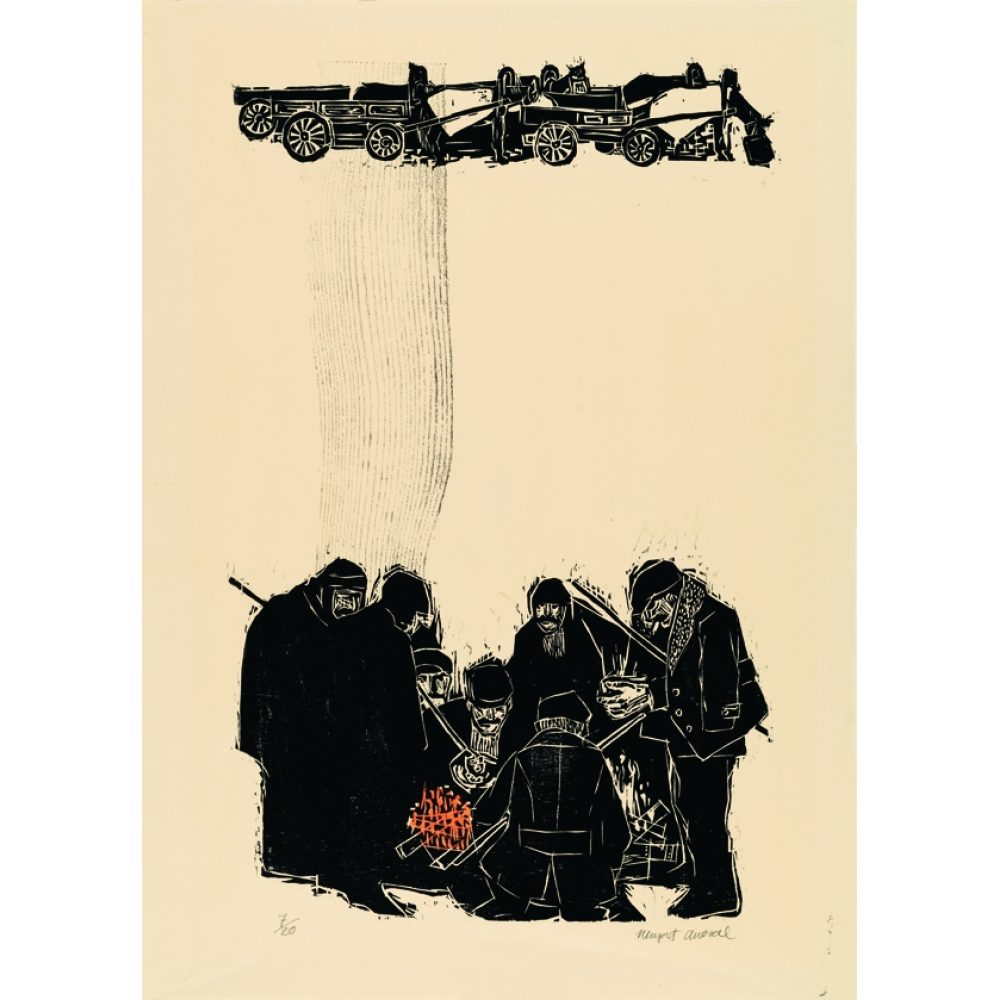 Print with hatch-like marks showing people around a fire with horse-drawn wagons above. Alt-text generated by AI.