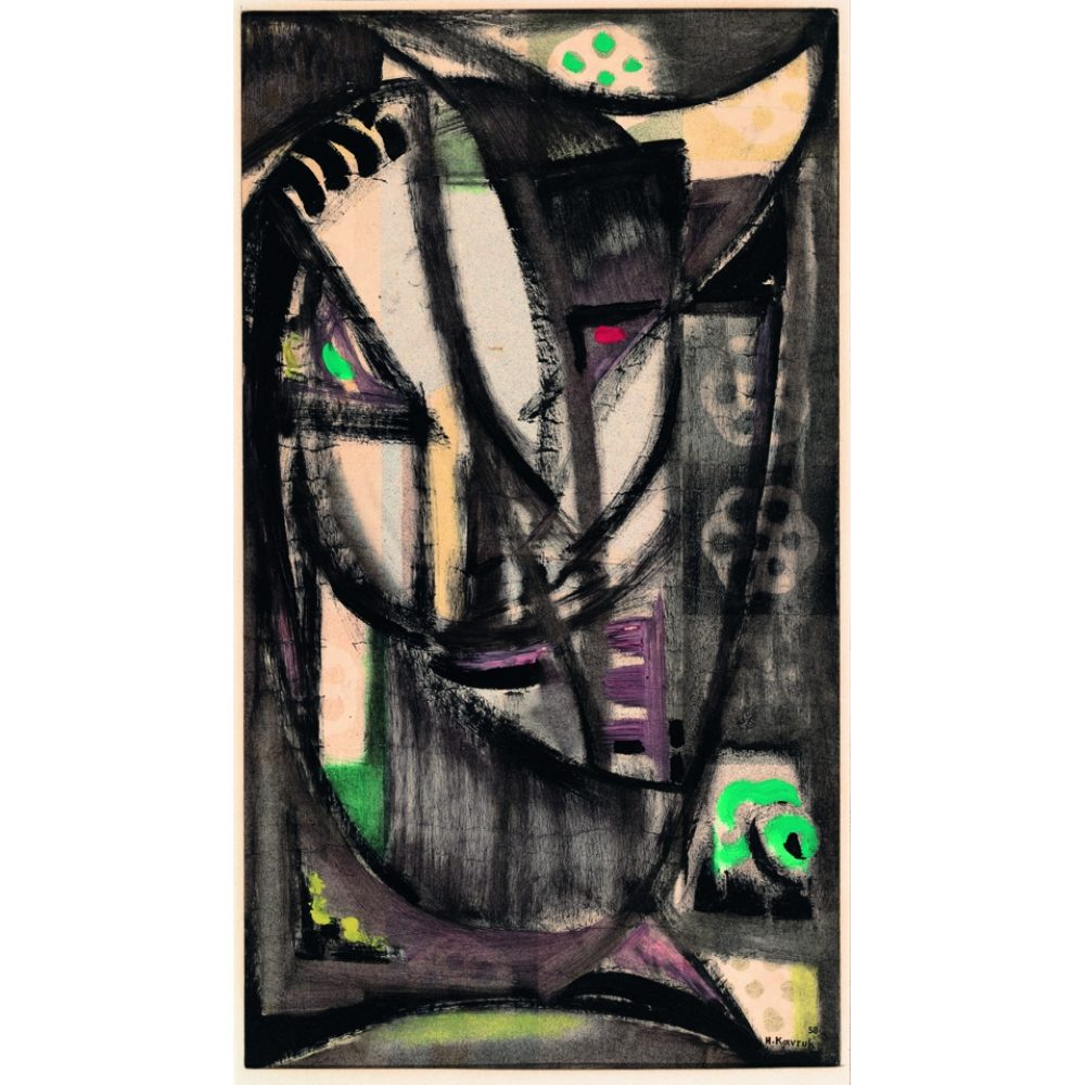 Abstract painting with dark shapes and hints of green and purple, suggesting a face-like form. Alt-text generated by AI.