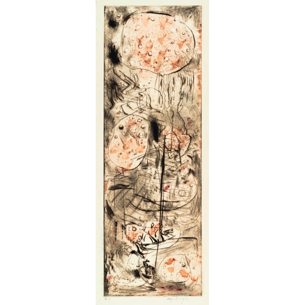 Abstract artwork with orange round shapes and black lines on a beige background. Alt-text generated by AI.