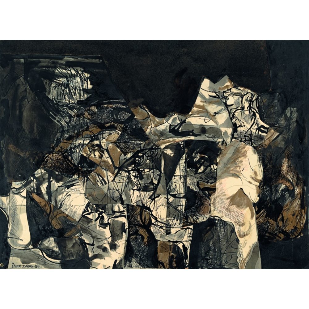 Abstract artwork with overlapping geometrical shapes in black, brown, and beige tones. Alt-text generated by AI.