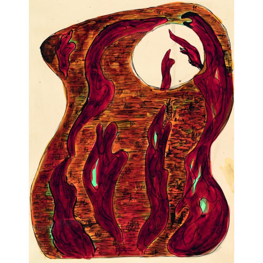 Abstract artwork with dynamic red flame-like shapes on a textured brown background. Alt-text generated by AI.