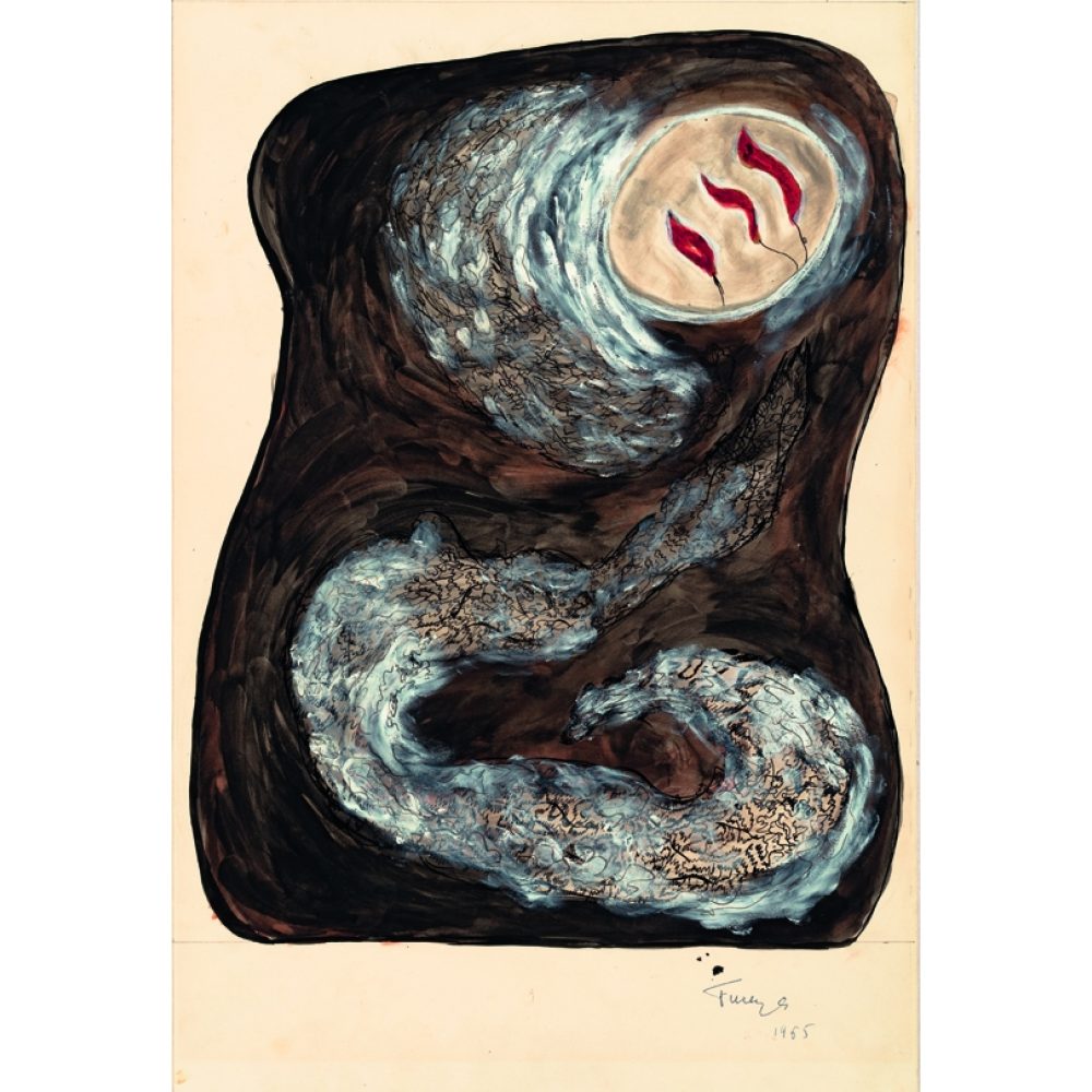 Abstract artwork with swirling dark and light patterns and a central circular form with red shapes. Alt-text generated by AI.