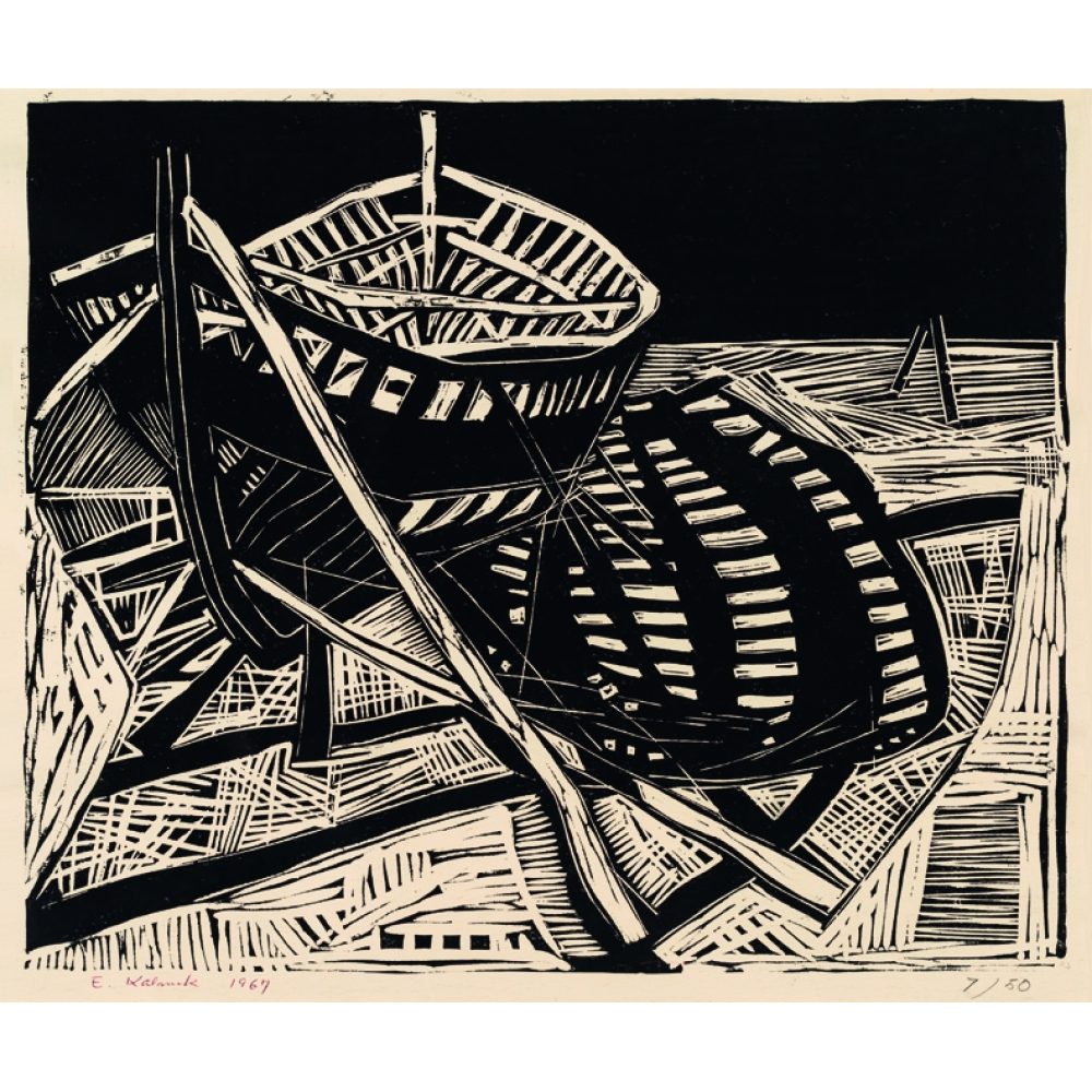 Woodcut print of two boats on a shore with bold lines and contrasting patterns. Alt-text generated by AI.