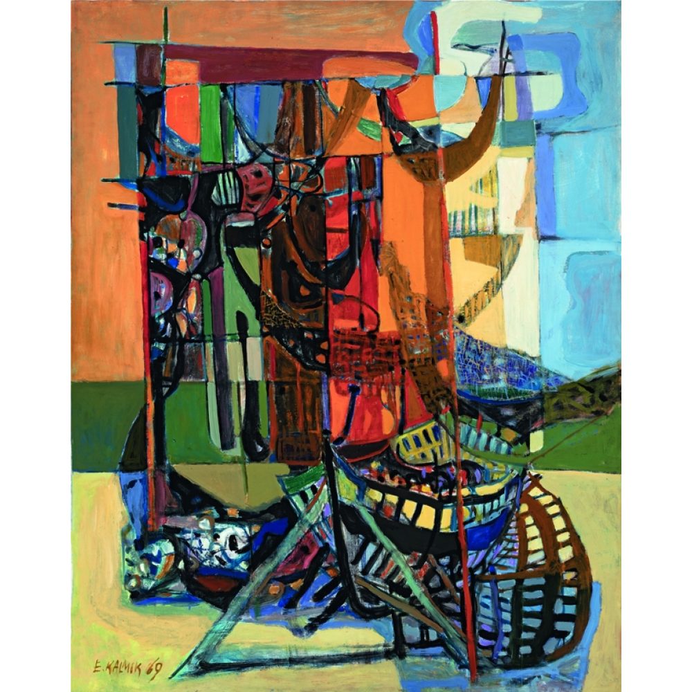 Abstract painting with vibrant interlocking shapes and bold colors, featuring reds, blues, and blacks. Alt-text generated by AI.