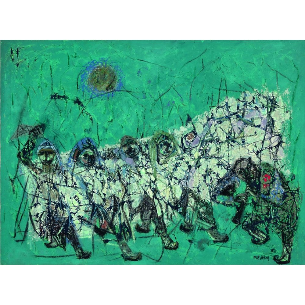 Abstract painting with green background, depicting a procession of interconnected figures in dynamic brushstrokes. Alt-text generated by AI.