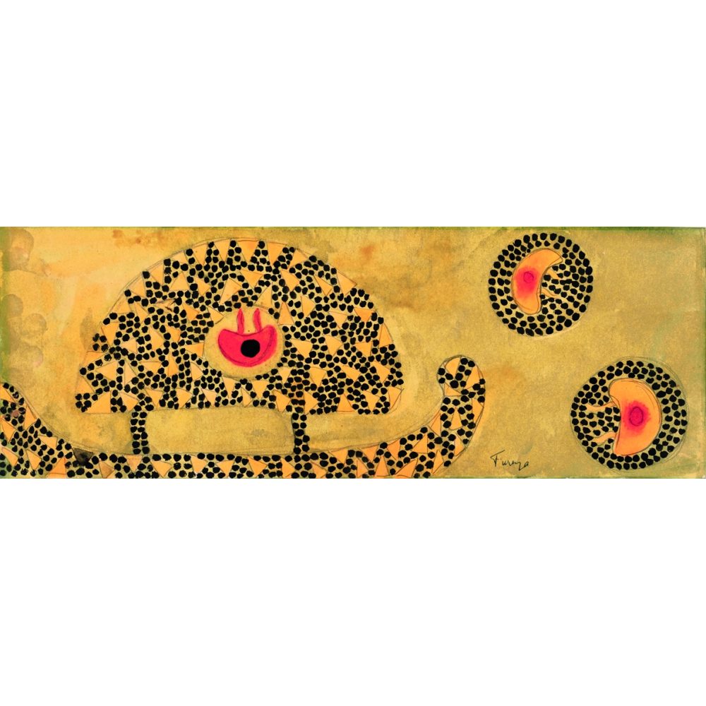 Abstract artwork with curved shapes and black dot patterns on a textured yellow-green background. Alt-text generated by AI.