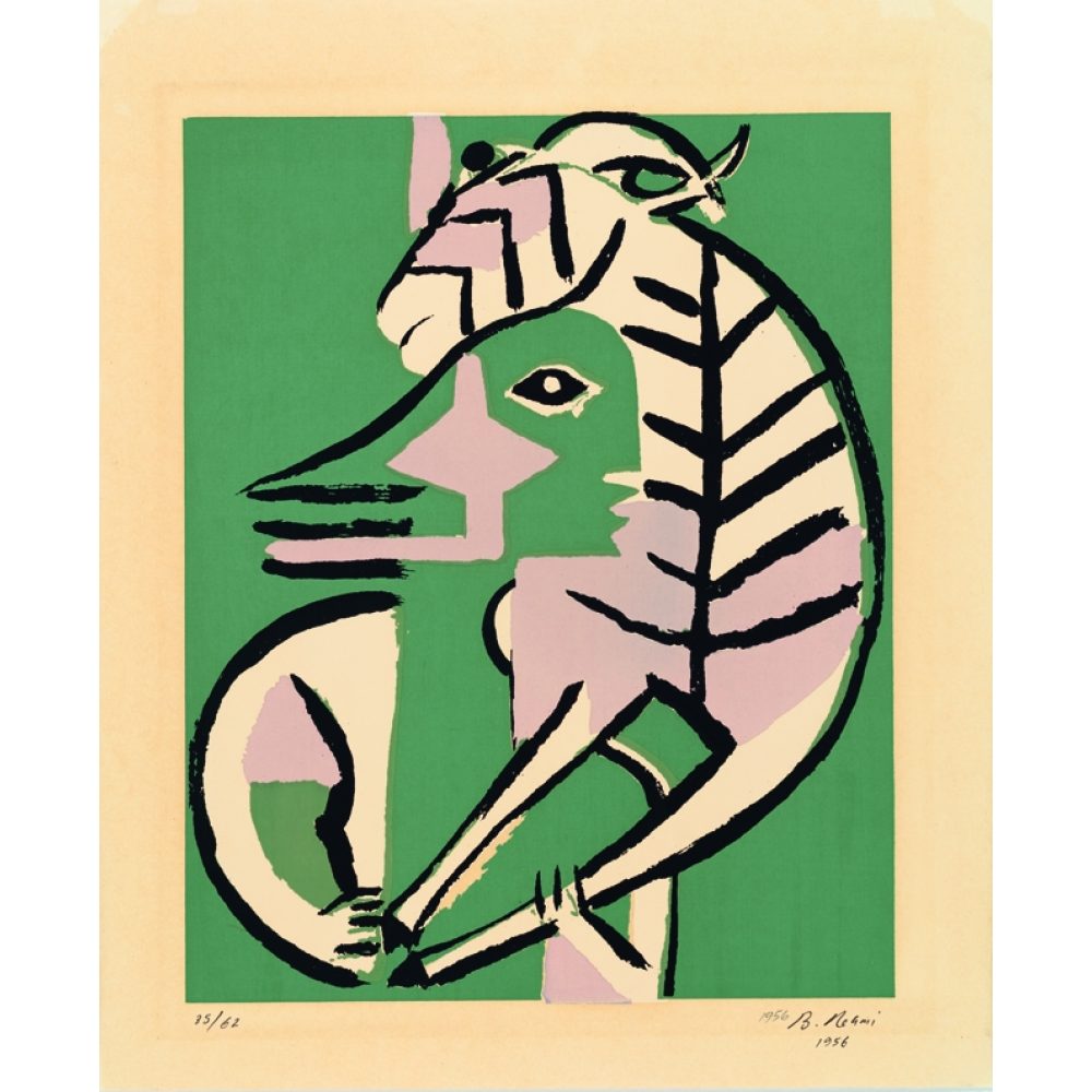 Abstract animal-like figure in pink, black, and white on a green background. Alt-text generated by AI.