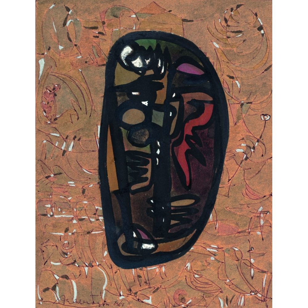 An abstract painting with a central dark form featuring various colors against a swirling brown background. Alt-text generated by AI.